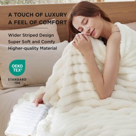 Bedsure Blankets Queen Size for Bed - Super Soft Cozy Blankets for Women, Cute Large Fleece Blanket for Girls, White，90x90 Inches, Wider Striped Design