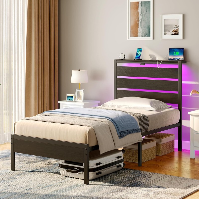 Rolanstar Bed Frame Twin Size with USB Charging Station, LED