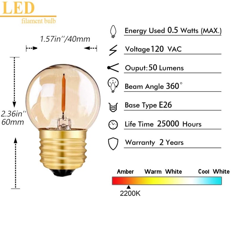 Tsunetani G40 G12.5 Led Filament Mini Globe Light Bulbs 0.5W