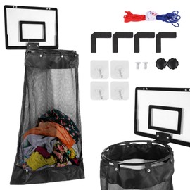 Over the Door Basketball Laundry Hamper, Hanging Laundry Basket with Basketball Hoop, Removable Black Net Laundry Bag for Door Hanging, Basketballs Laundry Hamper with Zipper for Room Bathroom (Black)