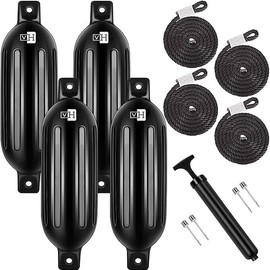 VIVOHOME Vinyl Ribbed Boat Fenders 4 Pack, Boat Bumpers with Ropes, Needles, and Pump to Inflate Fit for Yachts, Sailing Dinghies, Bass Boats, Black