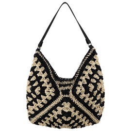 DODAMOUR Large Straw Shoulder Bag for Women, Woven Tote with Lining and Magnetic Closure, Lightweight Summer Beach Bag for Travel, Casual Outings (Black, White)