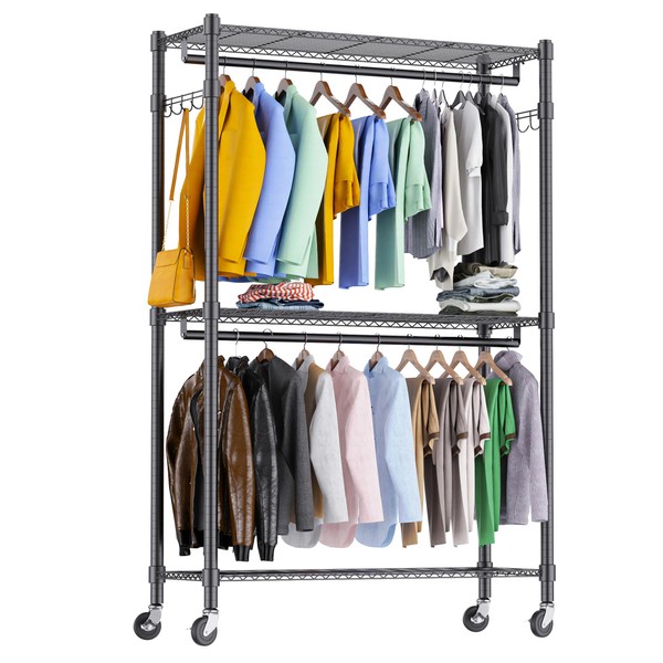 BATHWA Rolling Garment Rack 3 Tiers Adjustable Heavy Duty Clothes Rack with Double Rods and Side Hooks, Portable Clothes Rack, Freestanding Wardrobe Storage Rack with 360° Lockable Wheels, Black
