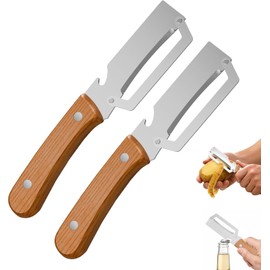 2 Packs Multi-Functional Vegetable Peeler for Kitchen with Wooden Handle and Bottle Opener, Ultra-Sharp Stainless Steel Blade Kitchen Tool for Veggie,