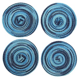 Multi-Color Braided Woven Fabric Coaster Set of 4 (4” Round Coaster, Blue)
