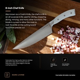 DURA LIVING 8-Inch Chef Knife – Ultra-Sharp German High Carbon Stainless Steel, Full Tang, Ergonomic Handle, Multipurpose Kitchen Knife for Chopping, Slicing, and Dicing, Cream