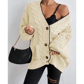 Cakulo Womens Oversized Chunky Cable Knit Cardigan Sweaters 2025 Fall Open Front Button Women Cardigans Pocket Brown White M