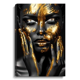 KPLUNDO African American Wall Art Abstract Women Canvas Prints Black and Gold Girl Picture Modern Artwork Home Decor for Living Room Bedroom Bathroom Office(Art-4,16.00x24.00 inch)