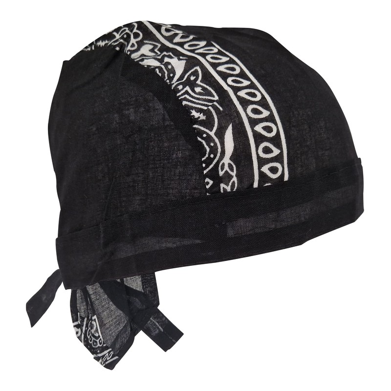 Black Paisley Zandana Tie Bandana Style Fitted Skull Cap Biker