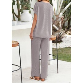 KIRUNDO Summer Sets Women 2 Piece Outfits Casual Ribbed Knit Short Sleeve Tops Wide Leg Pants Lounge Set Travel Tracksuit(Grey, X-Large)