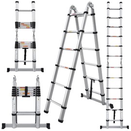 Telescoping Extension Ladder 12.5FT, A-Frame Straight 2-in-1 Multi-Purpose Folding Ladder, Heavy Duty Portable Attic Outdoor Collapsible Ladder with Ladder Stabilizer Bar Non-Slip Feet, 330lbs Load