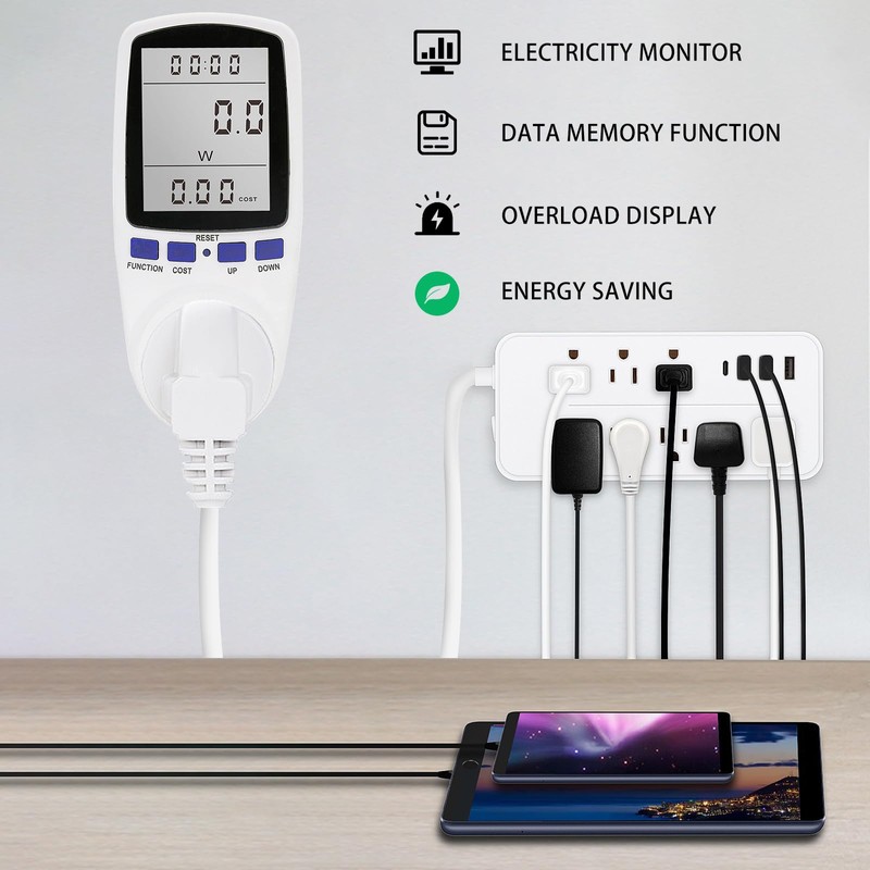 240V Electricity Usage Monitor Plug Power Watt Voltage Amps Meter