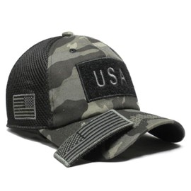 USA Flag Hat Camo Gray Detachable Patch Micro Mesh Tactical Cap