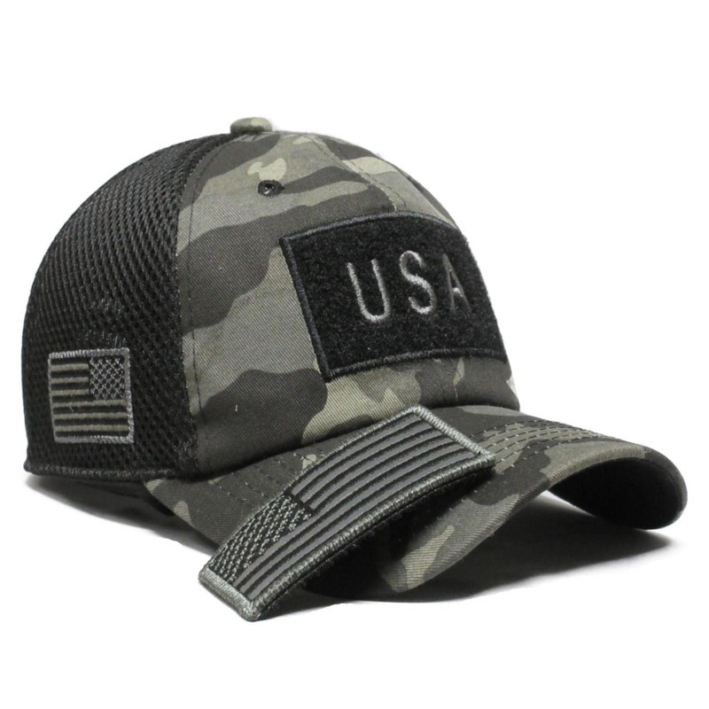 USA Flag Hat Camo Gray Detachable Patch Micro Mesh Tactical