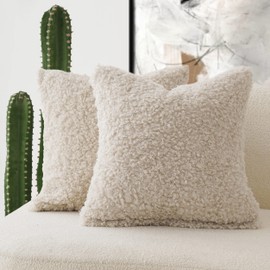 Foindtower 2 Pieces 16x16 Inch Neutral Cream, Faux Fur Throw Pillow Cover Accent Sherpa Pillow Fuzzy Soft Pillowcases Sheepskin Decorative Fleece Cushion Case for Bed Couch Living Room