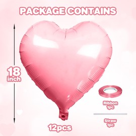 12 Pcs Heart Balloons, 18 inch Pink Heart Shaped Balloons, Big Heart Helium Balloons, Heart Love Foil Balloons for Wedding Baby Shower Anniversary Backdrop Valentine Balloons Party Decoration
