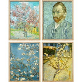 SIGNWIN Framed Poster Van Gogh Blossoming Trees and Self-Portrait Classic Illustrations Fine Art Decorative Vintage for Living Room, Bedroom, Office - 11"x14"x4 Natural