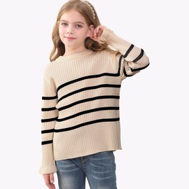 OEBLD Girl's Striped Knit Oversized Fall Sweaters Fashion Long Sleeve Crewneck Pullover Sweater Trendy Tops Dark Khaki
