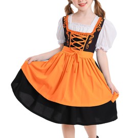 OBEEII Dirndl Girls' Set of 2 Dirndl Dress with Costume Blouse and Apron Bavarian Costume German Oktoberfest Costume Dress, orange