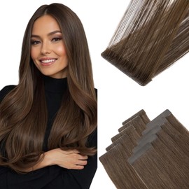 TESS Invisible Tape In Hair Extensions Human Hair Brown Injected Tape Seamless Real Hair Straight 10 Pcs 25G - #02Y Dark Brown - 22 Inch