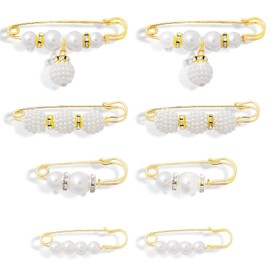 8 PCS Pearl Waist Brooch Sweater Shawl Clip Faux Pearl Rhinestones Waist Pins Black White Safety Pins Pants Dress Skirt Waist Brooch(Set B)