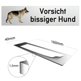 Kinekt3d Leitsysteme Sign, door sign, 160 x 40 x 1.5 mm, anodised aluminium solid material, surface in polished stainless steel look, 100% made in Germany (Vorsicht bissiger Hund 004)