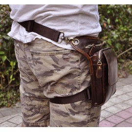 Le'aokuu Mens Genuine Leather Messenger Motorcycle Outdoor Hip Bum Fanny Belt Waist Pack Drop Leg Thigh Bag 211-1 (211-1 Coffee)