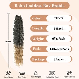 Boho Box Braids Crochet Hair 24 Inch - 8 Packs Black Mixed Honey Blonde Goddess Box River Braids Crochet Hair Pre-looped Bohemian Ombre Synthetic Braiding with Curly Ends (24 Inch, T1B/27)