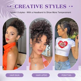 Short Kinky Curly Grey Drawstring Ponytails Extension for Black Women Curly Ombre Gray Ponytail Drawstring Extension Synthetic Gray Messy Bun Grey Hair Piece Salt and Pepper 10Inch T1B/GRAY