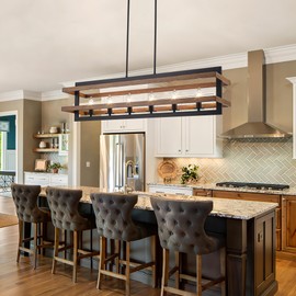 Yidelloc Farmhouse Dining Room Light Fixtures Rectangle Chandeliers Kitchen Island Lighting Vintage Pendant Lights Fixture 6-Lights Wood Grain Iron Chandelier for Dining Room Living Room Kitchen