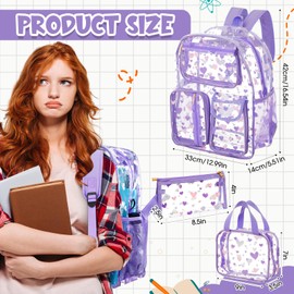 Silkfly 3 Pcs Clear Backpack Transparent PVC Clear Bookbag with Lunch Bag Pencil Case for Stadium Approved See Through Bag(Heart,Purple)