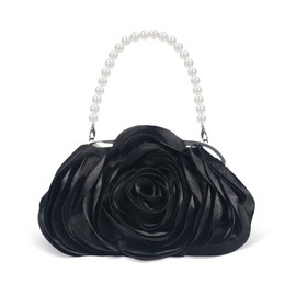 HuiYStar Women's Frizione Satin Evening Bag with 3D Flowers Shoulder Bag with Chain Strap, black