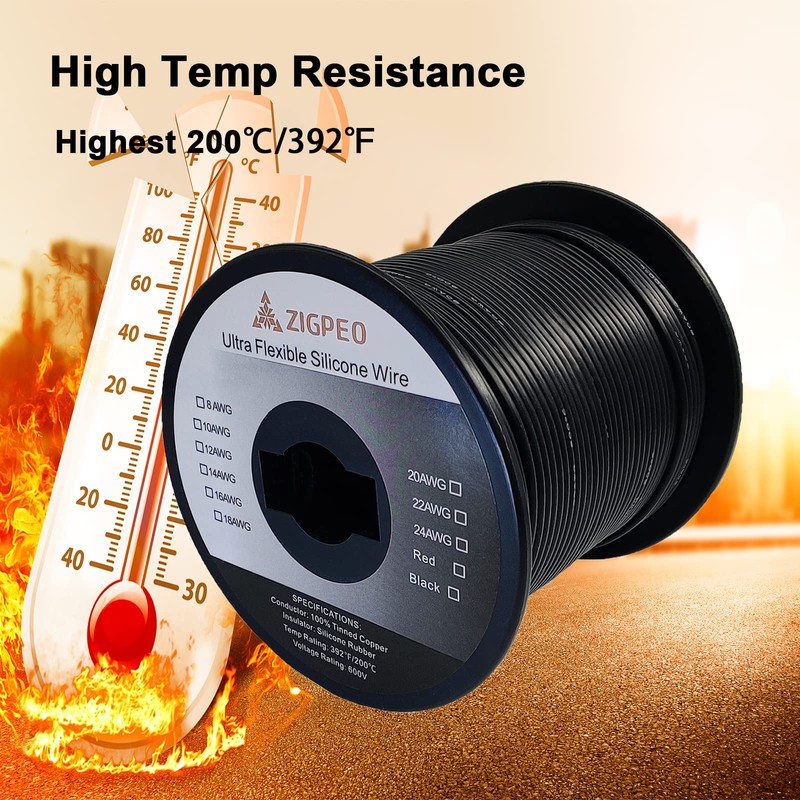 ZIGPEO 18 AWG Silicone Wire 200FT Black Spool, Extra Flexible