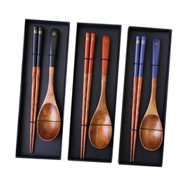 FELTECHELECTR 3 Sets Japanese Style Wooden Spoon Chopsticks Wood Utensils Cutlery Set Salad Woden Spoon Chopsticks Sets Travel Cutlery Set Japanese Chopsticks Suit Wooden Travel Utensils