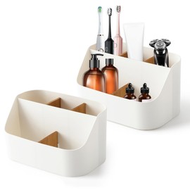 QYRDBGY 5 Fächer Schreibtisch Organizer Weiß, Schreibtischorganizer mit Abnehmbarer Bambus Trennwänden Büro Stiftehalter Desk Organizer für Kosmetika Schreibwaren Alltagsgegenstände