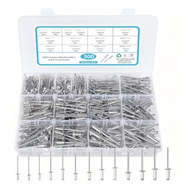 UHANBUT 500PCS Pop Rivets Assortment Kit, 14 Sizes Aluminum Blind Rivets Including 3/32" 1/8" 5/32" 3/16" 1/4", Metal Dome Head Rivet Set with Reinforced Divider & Labeled Case (Silver)