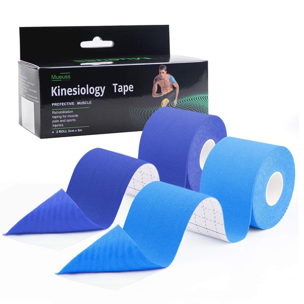 MUEUSS Kinesiology Tape Uncut Tape Waterproof Elastic Sports Tape (2rolls Dark Blue&Light Blue)