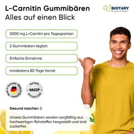 L-Carnitin 160 Gummibären | 3000mg pro Tagesportion | 3 Monate Vorrat | Mit Vitamin A, B12, C, D, E & K | 100% Rein & Original | Laborgeprüft | Hochdosiert