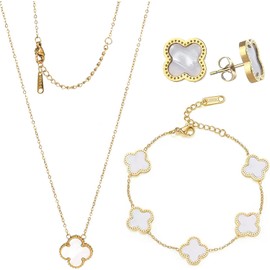 Four Leaf Clover Jewelry,3pcs Lucky Four Leaf Clover Jewelry Set Stylish Simplicity Gold-Plated Bracelet, Necklace, Earrings Set Women's Gift（White）