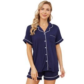 Yoolfine Womens Pajama Sets Short Sleeve Sleepwear Soft Button Down Nightwear Lounge Pj Set,Small,Navy Blue