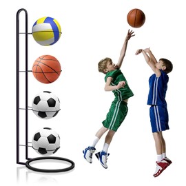 YapitHome 4-tier ball stand, standing ball shelf, removable basketball holder, layered ball stand for football, basketball, volleyball, indoor