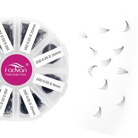 FADVAN Volume Eyelashes, Ready-to-Use Fan Eyelash Extension, Handmade, Pre-Fanned 16D, 600 Pieces, 9-16 mm, 0.07 mm, D Curl, Premade Fans Russian Fan Eyelashes, Extension (0.07D-16D-916MIX)