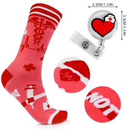 ANOTION Nurse Gifts, 4 Pairs Funny Nurse Socks and Badge Reels Do Not Disturb Nurse Week Gifts Nurse off Duty Cute Socks Gifts For Women Nurses Day Nurses Appreciation Gifts Nurse Graduation Gift