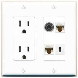 Wall Plate City 3-5MM 2 CAT6 USBC Port Wall Plate w/Power Outlet White
