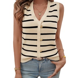 TUREAU Womens Knit Striped Sweater Vest Preppy Style Fall Crochet Cropped Button Up Work Tank Top Y2K Business Casual Outfits(M,Apricot)