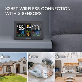 Newentor Weather Station Wireless Indoor Outdoor Thermometer, Color Display Digital Weather Thermometer with Atomic Clock, Barometric Pressure, Forecast Station with Adjustable Backlight,Black,3Sensor