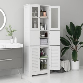 HOMCOM 67" Tall Bathroom Cabinet, Bathroom Storage Cabinet with Glass/Louvred Doors, Freestanding Linen Cabinet with Adjustable Shelf for Living Room, Kitchen, Dining Room, White