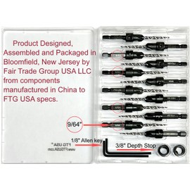 FTG USA 12 Pc #6 (9/64") Countersink Drill Bit Set with Depth Stop Collar, Hex Wrench - Tapered Drill Bits for Wood