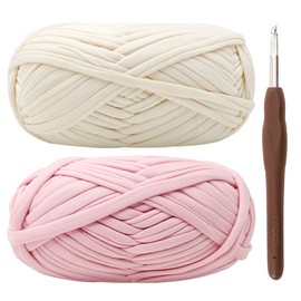 Chunky Yarn for Crochet T Shirt Yarn for Crocheting Crochet Yarn Thick Wool for Crochet 2x100g Chunk Yarn with 6mm Crochet Hook Crochet Yarn for Beginners Elastic Fabric Cloth Knitting (Pink)