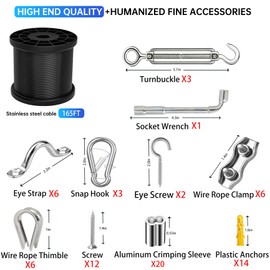 Yawuztu 164FT Black Vinyl-Coated 304 Stainless Steel Cable – Heavy Duty String Lights Hanging Kit with Turnbuckle, Thimble & Hooks for Outdoor, Patio, Garden, Christmas Lights